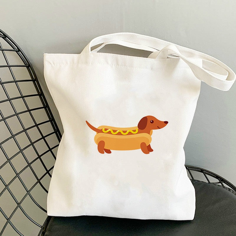 Cute Hot Dog Dog Tote Bag – Funny Dachshund Reusable Canvas Shopping Bag-0