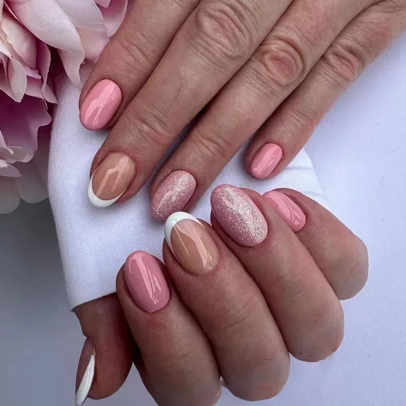 24 Pcs Almond Press On Acrylic Nails – Long French Ballerina Tips-0