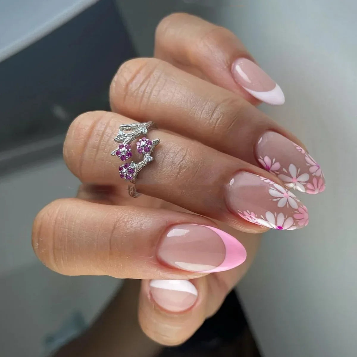 24 Pcs Almond Press On Acrylic Nails – Long French Ballerina Tips-1