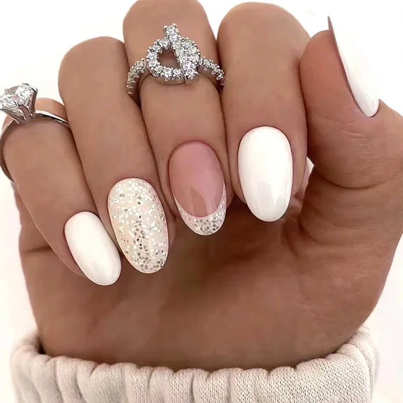 24 Pcs Almond Press On Acrylic Nails – Long French Ballerina Tips-9