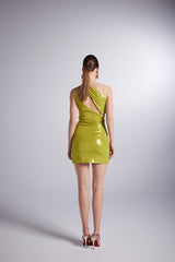 Thea Green One Shoulder Shiny Bodycon Mini Women Dress-1