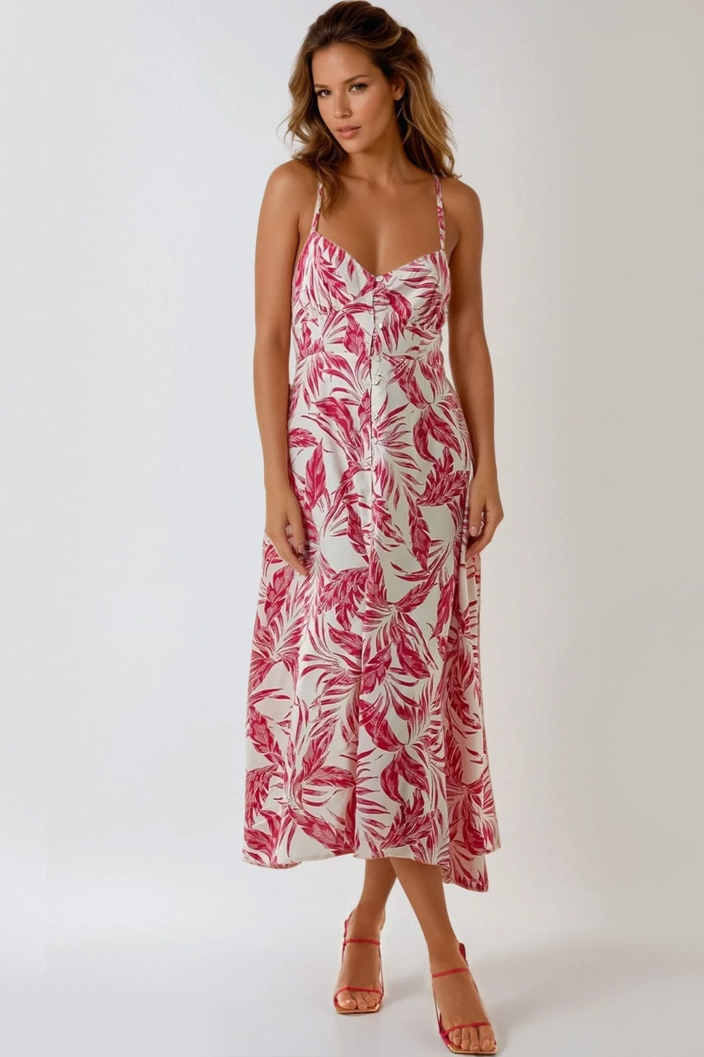 Aftershock London Pink Midi Dress – Leaf Print with Lace-Up Back-0