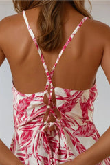 Aftershock London Pink Midi Dress – Leaf Print with Lace-Up Back-1