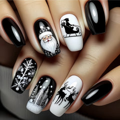 24pcs Christmas Press-On Nails Set – Glossy Black Festive Manicure-1