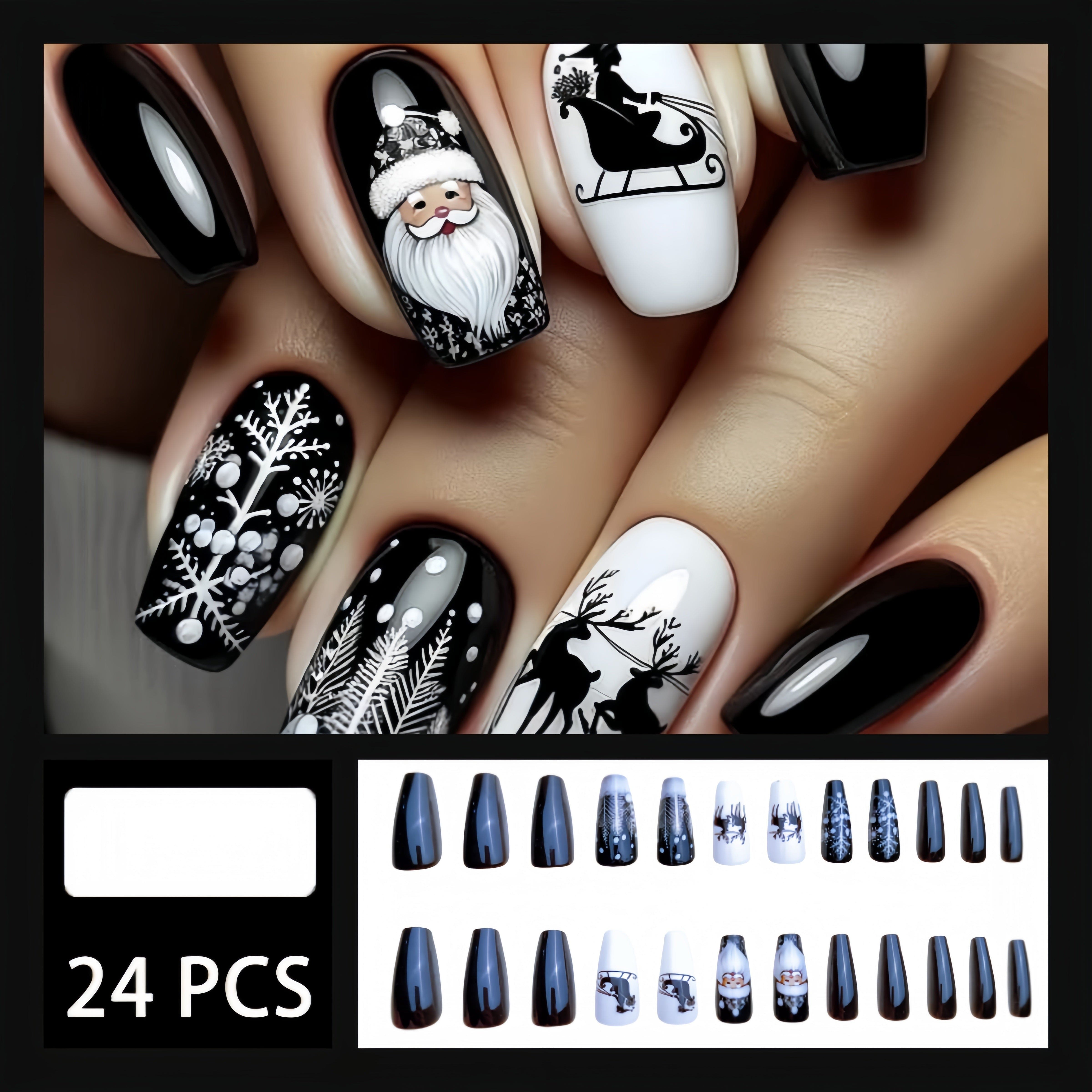 24pcs Christmas Press-On Nails Set – Glossy Black Festive Manicure-2