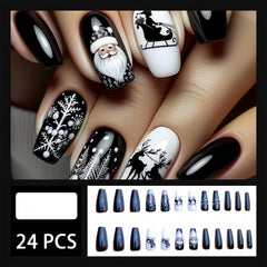 24pcs Christmas Press-On Nails Set – Glossy Black Festive Manicure-2