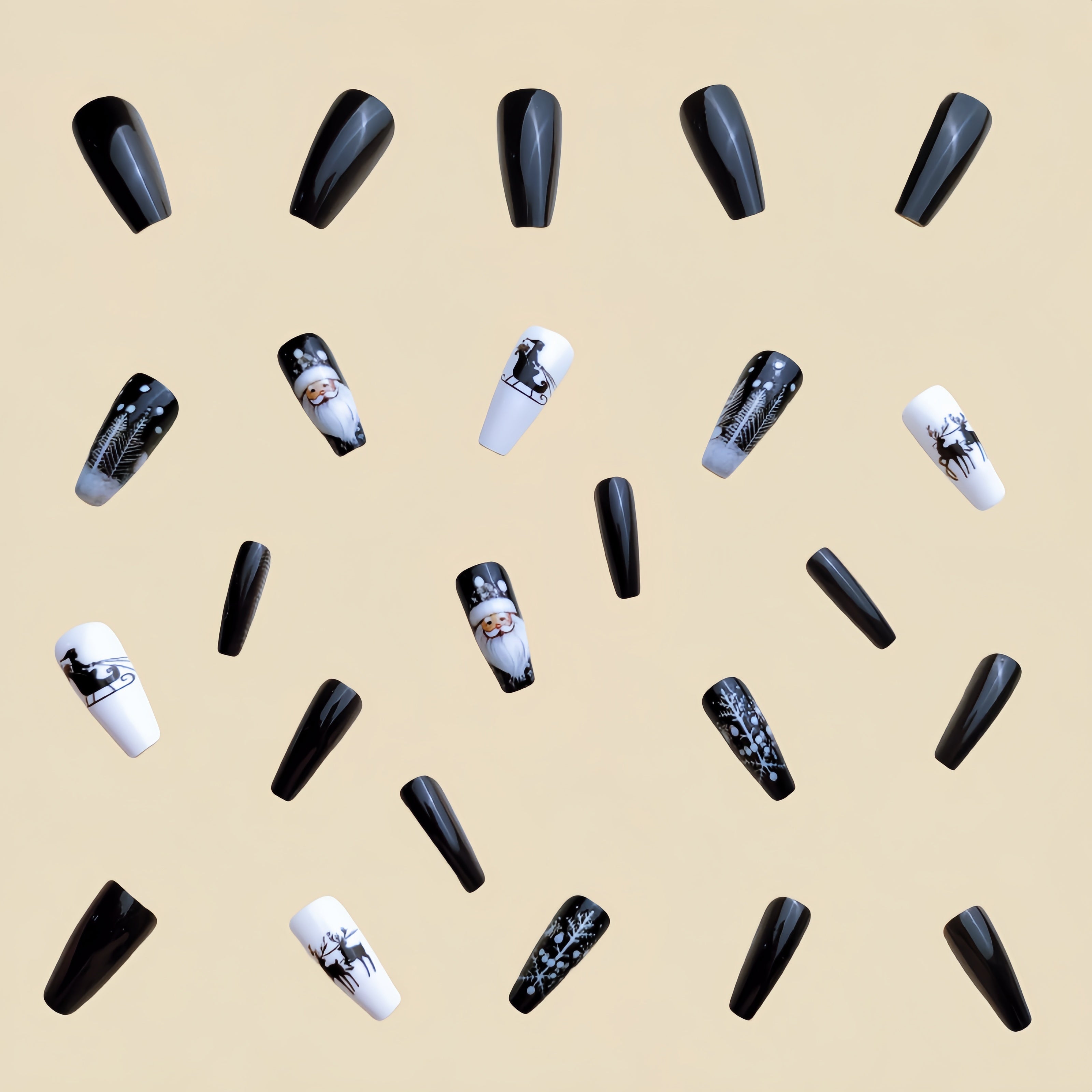 24pcs Christmas Press-On Nails Set – Glossy Black Festive Manicure-3