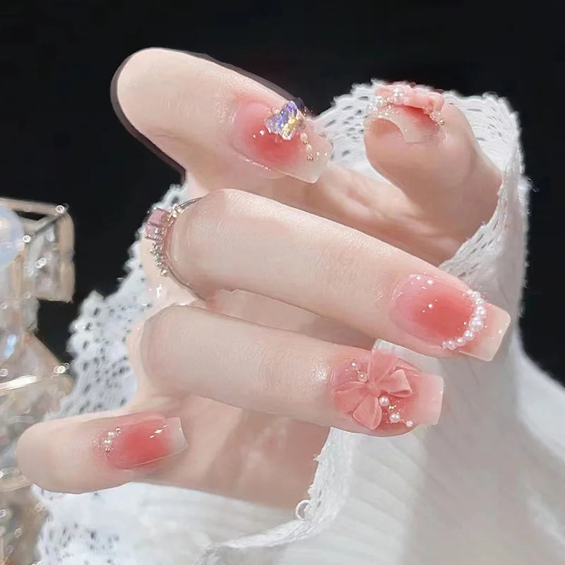 24Pcs Coffin Fake Nail Tips – Red Butterfly Camellia Ballerina Nails-35