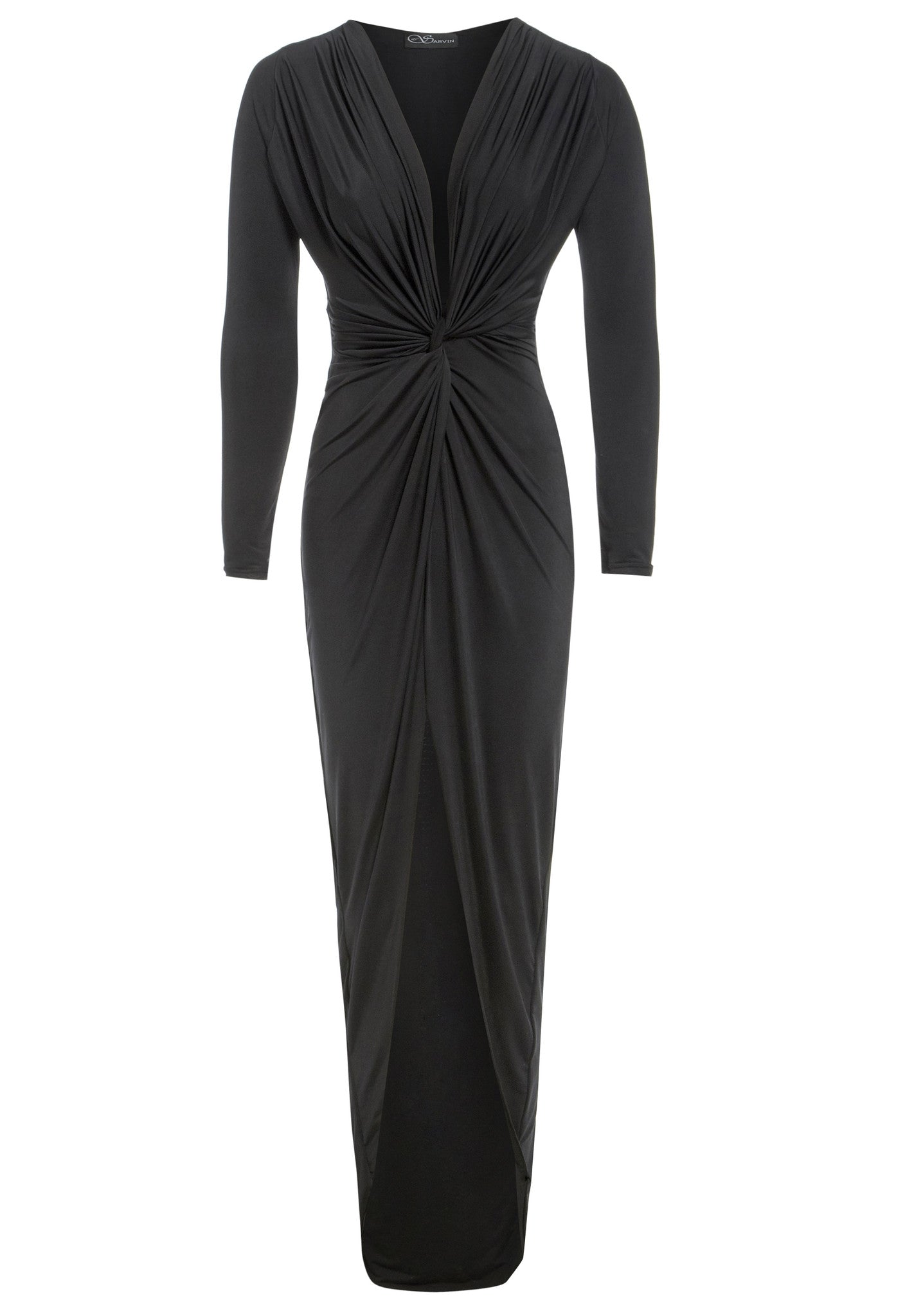 Bianca Black Twist Front Midi Dress – Plunge V-Neck Bodycon-0