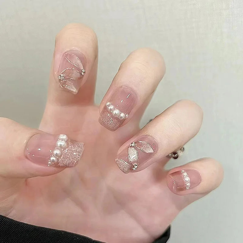 24Pcs Coffin Fake Nail Tips – Red Butterfly Camellia Ballerina Nails-5