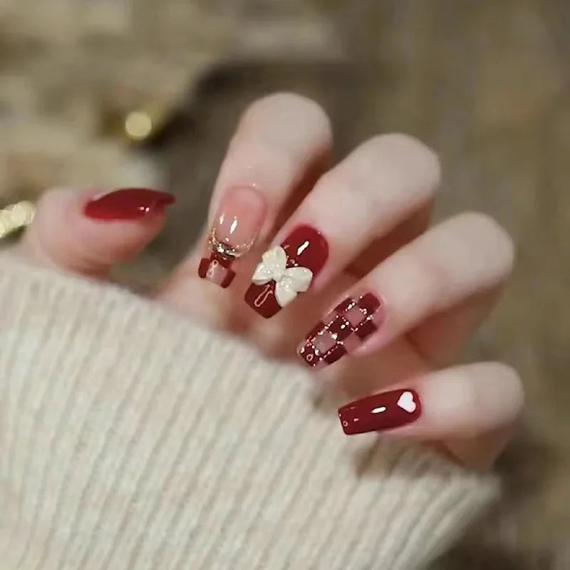 24Pcs Coffin Fake Nail Tips – Red Butterfly Camellia Ballerina Nails-6