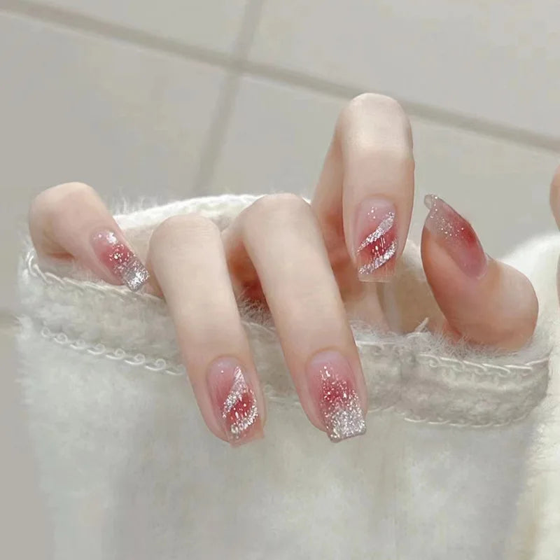 24Pcs Coffin Fake Nail Tips – Red Butterfly Camellia Ballerina Nails-7