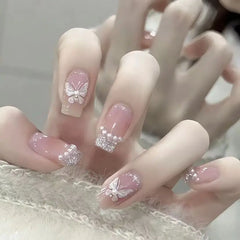 24Pcs Coffin Fake Nail Tips – Red Butterfly Camellia Ballerina Nails-10