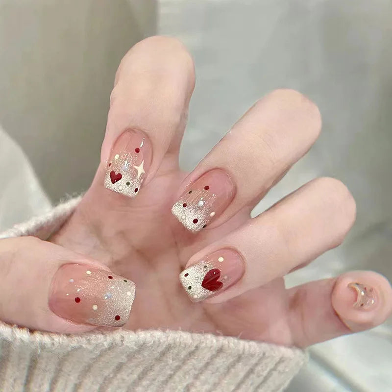 24Pcs Coffin Fake Nail Tips – Red Butterfly Camellia Ballerina Nails-13
