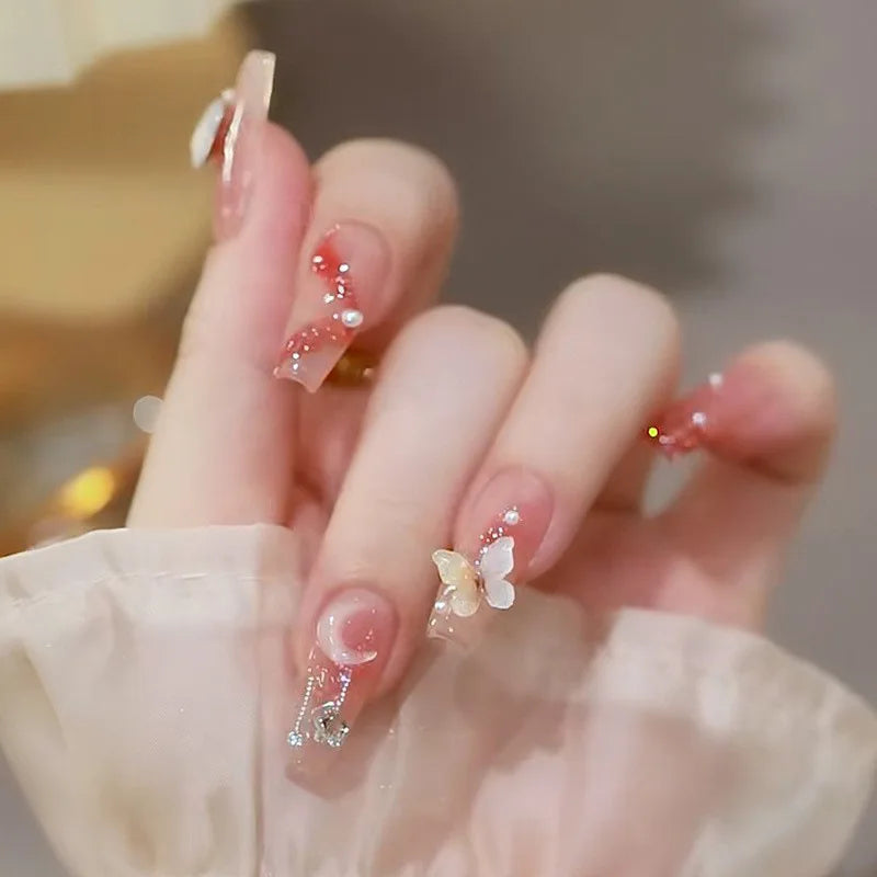 24Pcs Coffin Fake Nail Tips – Red Butterfly Camellia Ballerina Nails-22