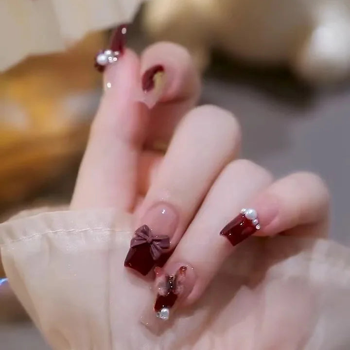 24Pcs Coffin Fake Nail Tips – Red Butterfly Camellia Ballerina Nails-25
