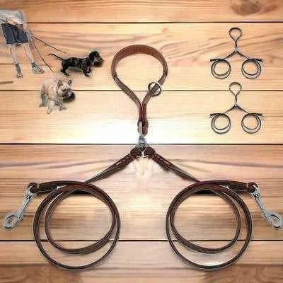 Golden Double Leather Pet Leads – High-Quality 2-Way Dog Leash for Two Dogs-0