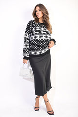 Oversized Women’s Black Christmas Jumper – Snowflake & Reindeer Knit-2