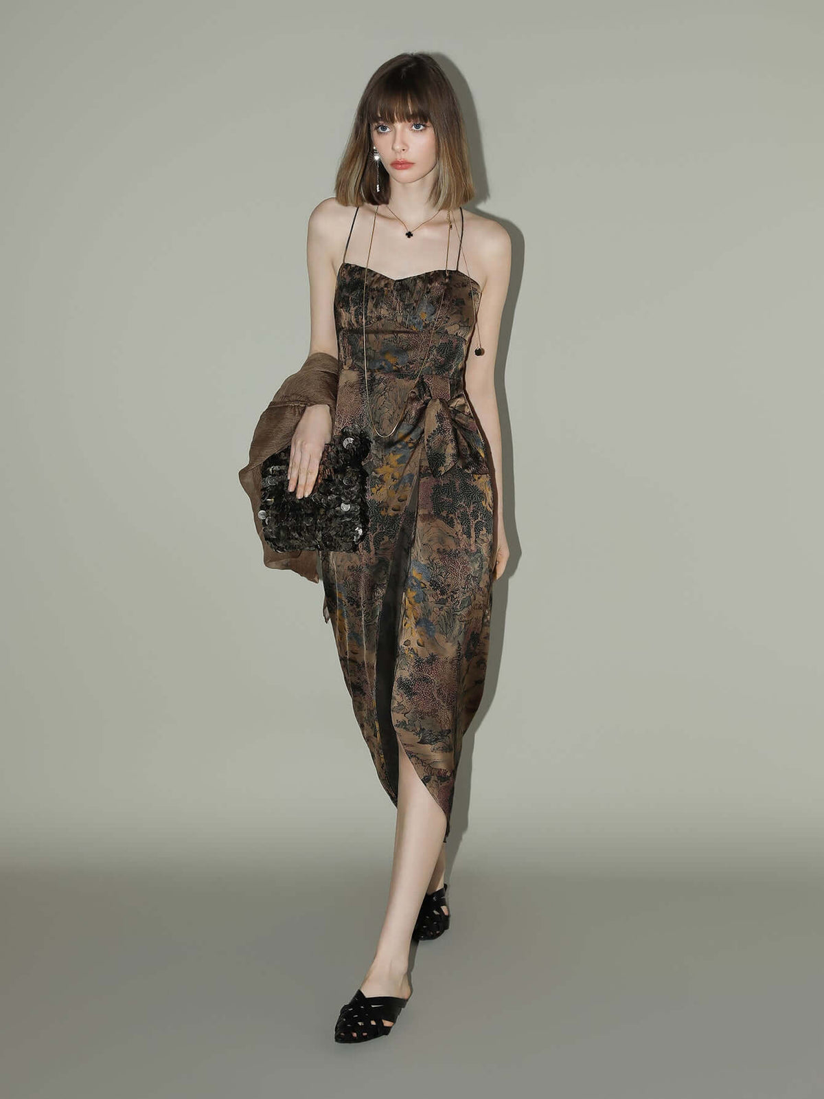 Oriental Gold Ruched Satin Print Slip Dress for women-0