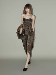 Oriental Gold Ruched Satin Print Slip Dress for women-0