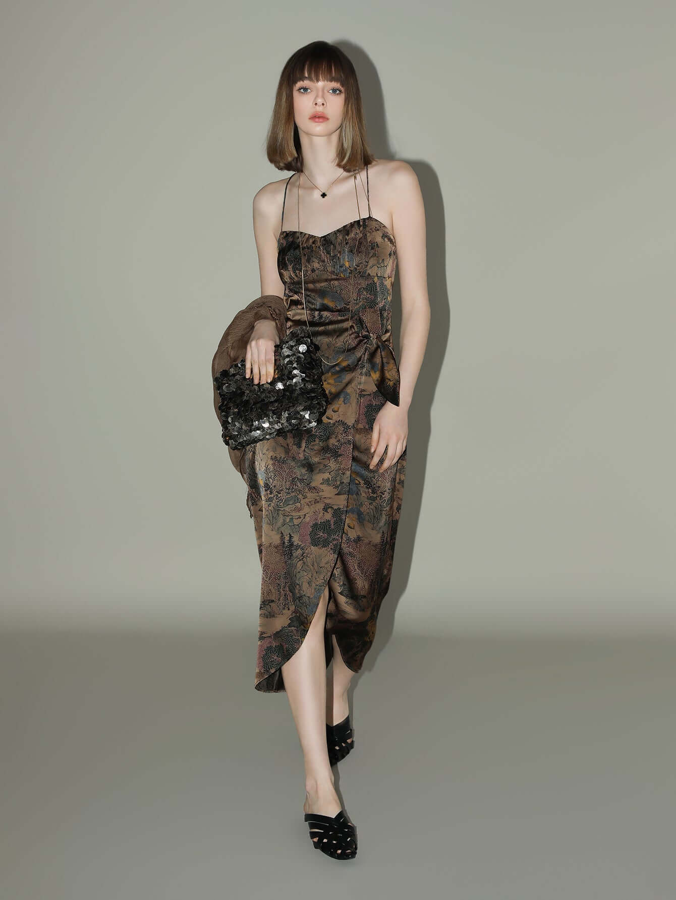 Oriental Gold Ruched Satin Print Slip Dress for women-1