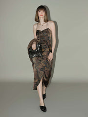 Oriental Gold Ruched Satin Print Slip Dress for women-1