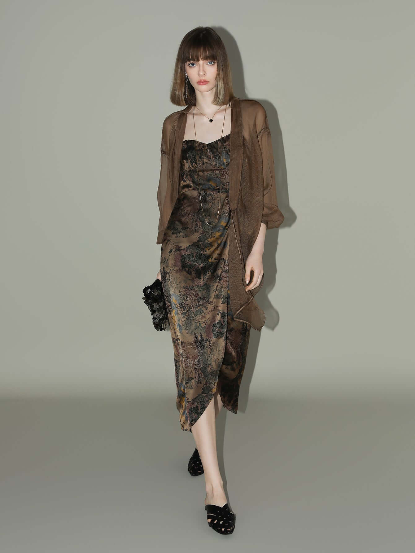 Oriental Gold Ruched Satin Print Slip Dress for women-2