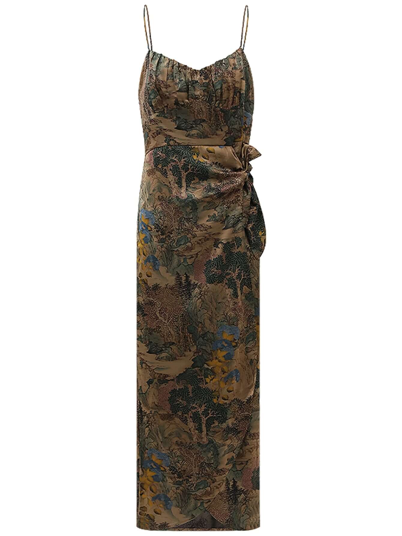 Oriental Gold Ruched Satin Print Slip Dress for women-3