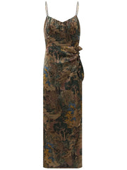 Oriental Gold Ruched Satin Print Slip Dress for women-3