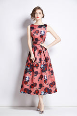 Sleeveless High Waisted Floral A-Line Dress | Elegant Midi Dress for Women-0