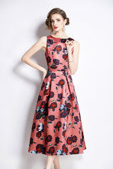 Sleeveless High Waisted Floral A-Line Dress | Elegant Midi Dress for Women-1