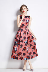 Sleeveless High Waisted Floral A-Line Dress | Elegant Midi Dress for Women-2