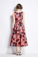Sleeveless High Waisted Floral A-Line Dress | Elegant Midi Dress for Women-3