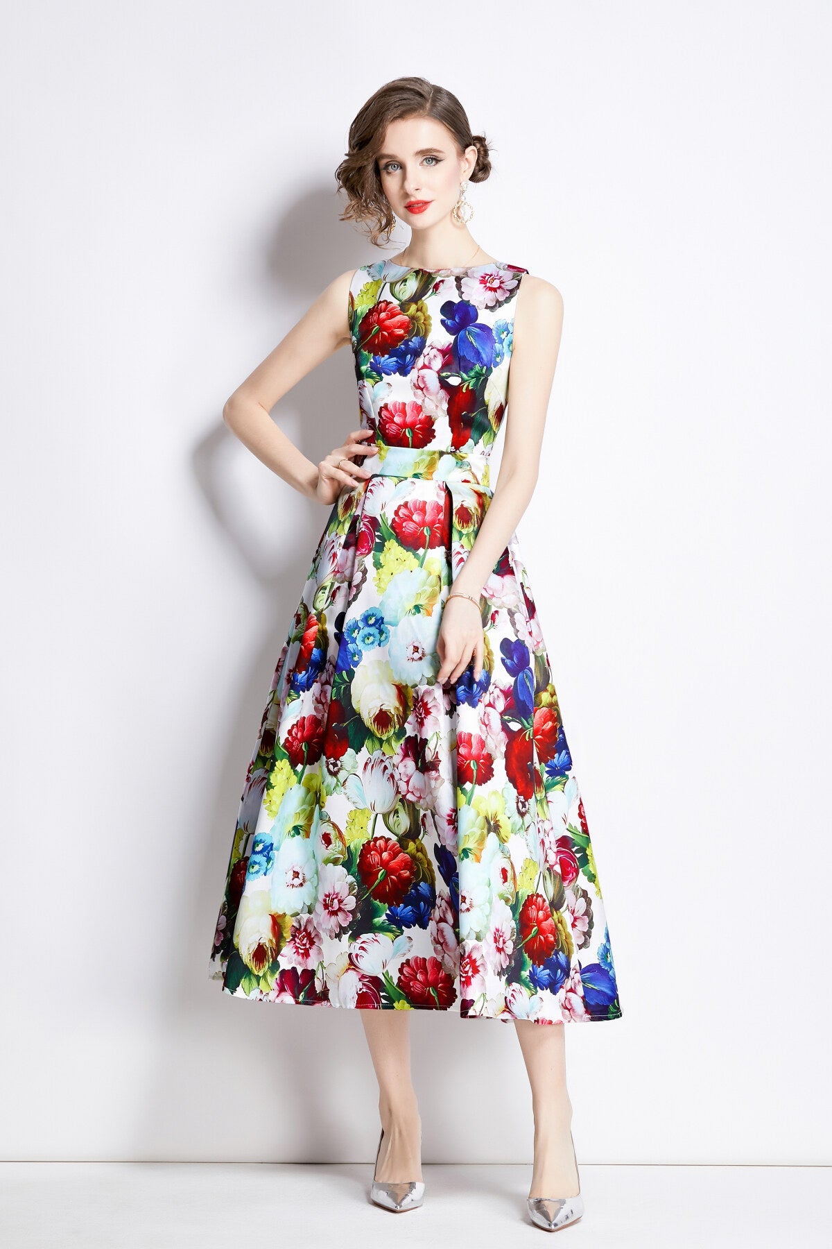 Sleeveless High Waisted Floral A-Line Dress | Elegant Midi Dress for Women-4