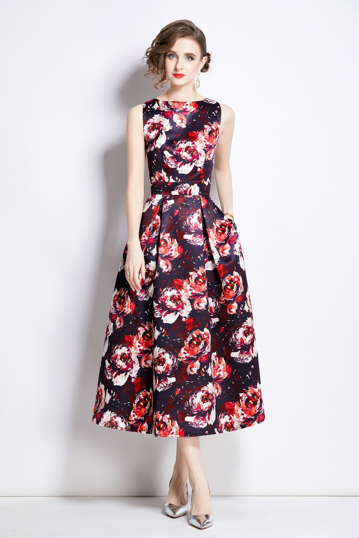 Sleeveless High Waisted Floral A-Line Dress | Elegant Midi Dress for Women-5
