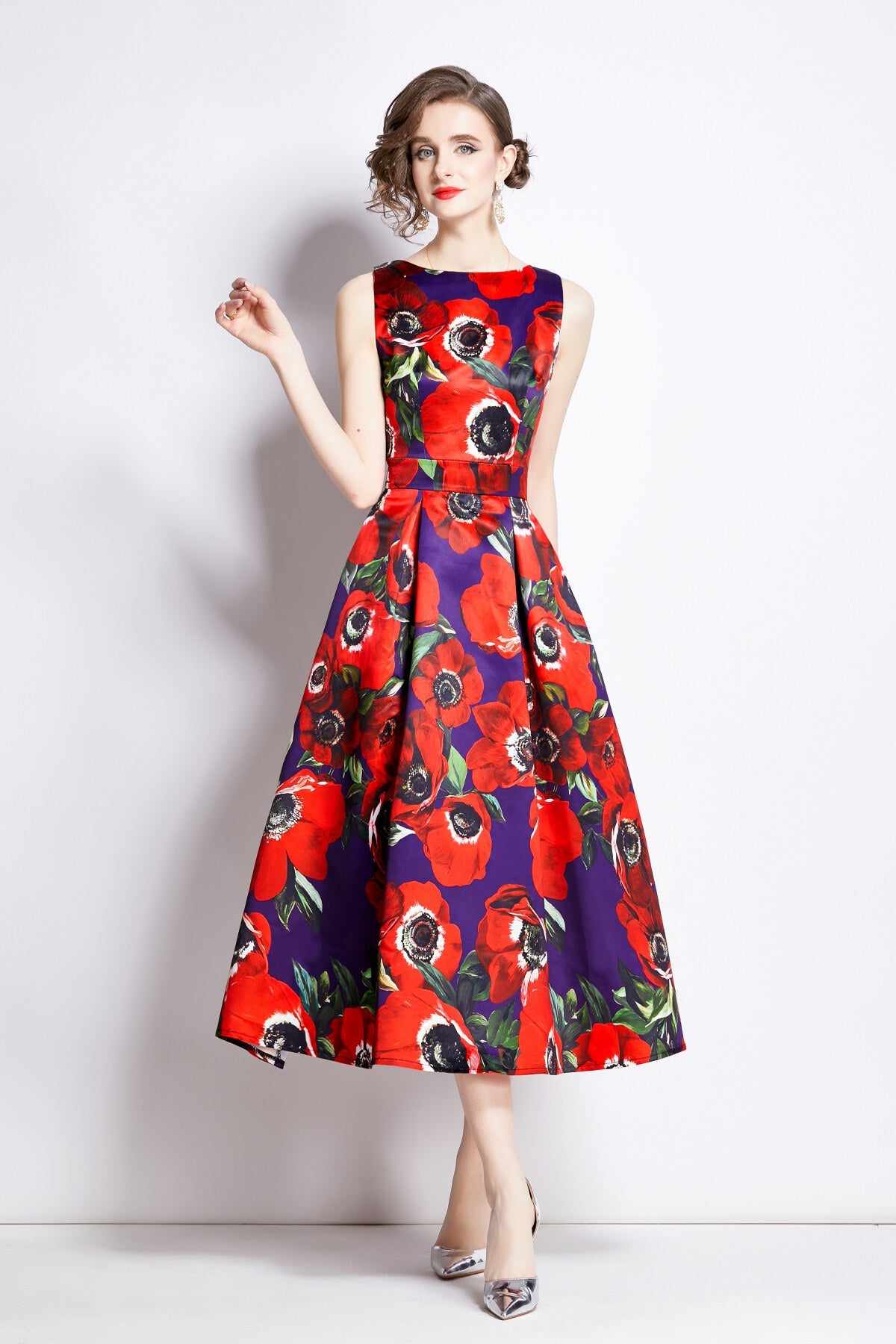 Sleeveless High Waisted Floral A-Line Dress | Elegant Midi Dress for Women-6