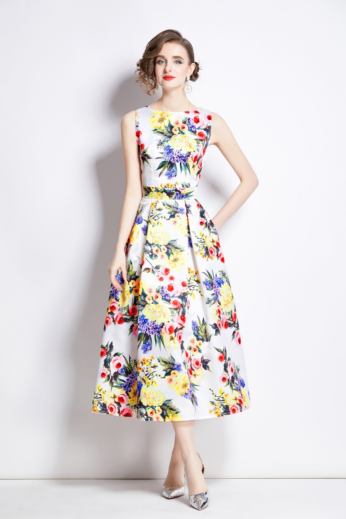 Sleeveless High Waisted Floral A-Line Dress | Elegant Midi Dress for Women-7