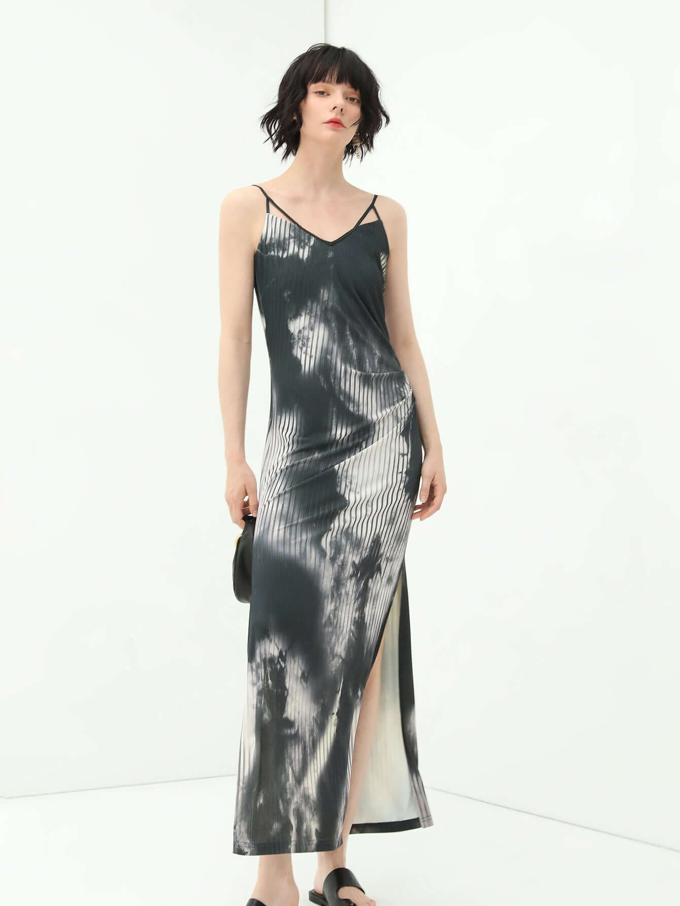 Black Tie-Dye Ink-Wash Cami Dress | Elegant Sheer Evening Slip Dress for Women-0