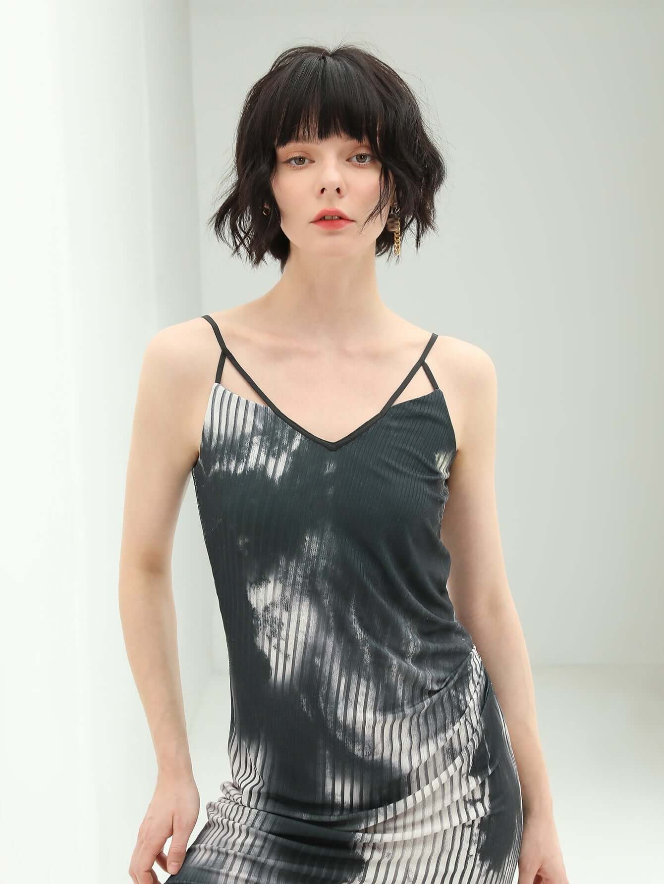 Black Tie-Dye Ink-Wash Cami Dress | Elegant Sheer Evening Slip Dress for Women-1