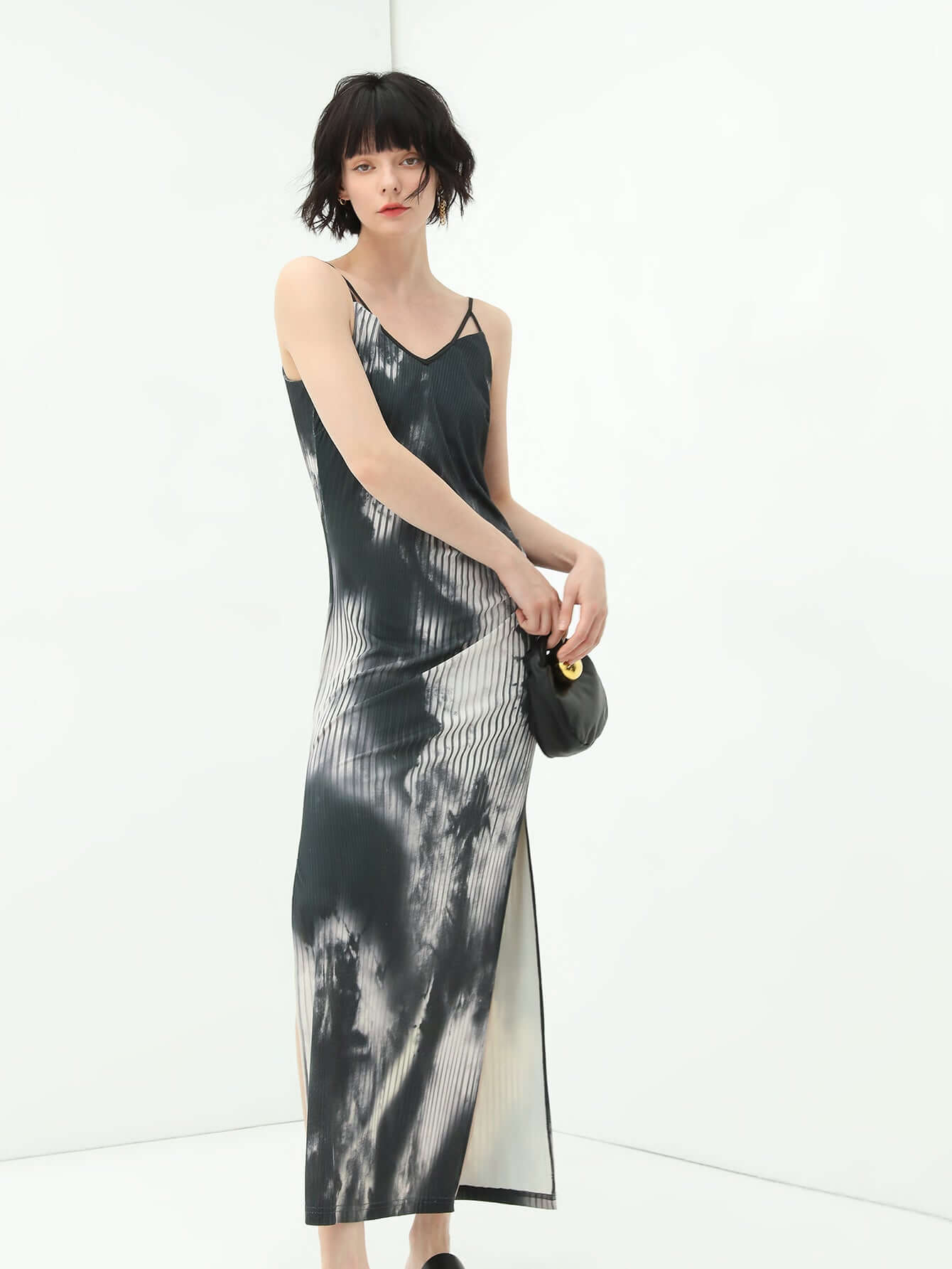 Black Tie-Dye Ink-Wash Cami Dress | Elegant Sheer Evening Slip Dress for Women-2