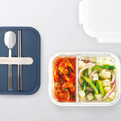  Navy Glass Lunch Box | Microwave-Use Heat-Resistant, 2 Compartments, Built-In Utensils-1