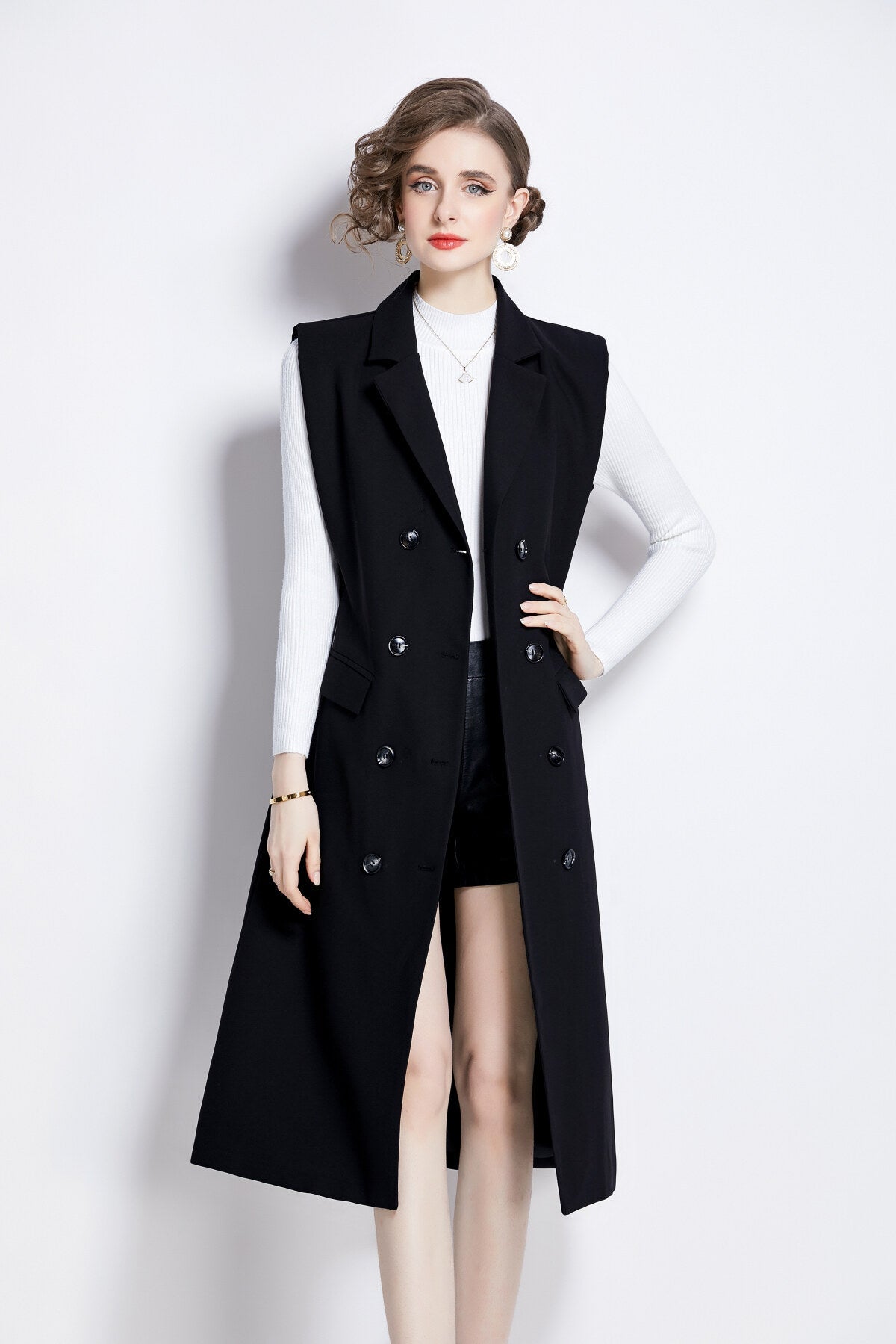 Vintage Double Breasted Blazer Dress with Knitted Undershirt for Women-1