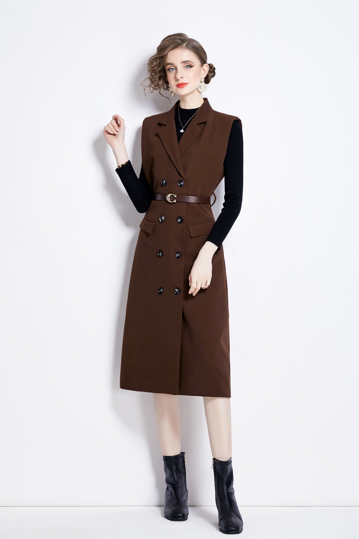 Vintage Double Breasted Blazer Dress with Knitted Undershirt for Women-4
